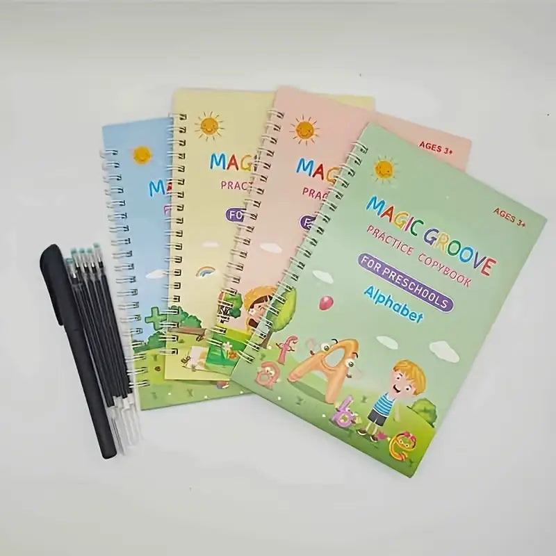 4-Pack Reusable Handwriting Practice Books – Magic Tracing Workbook Set with Pen & 8 Refills | Ideal Educational Gift for Kids